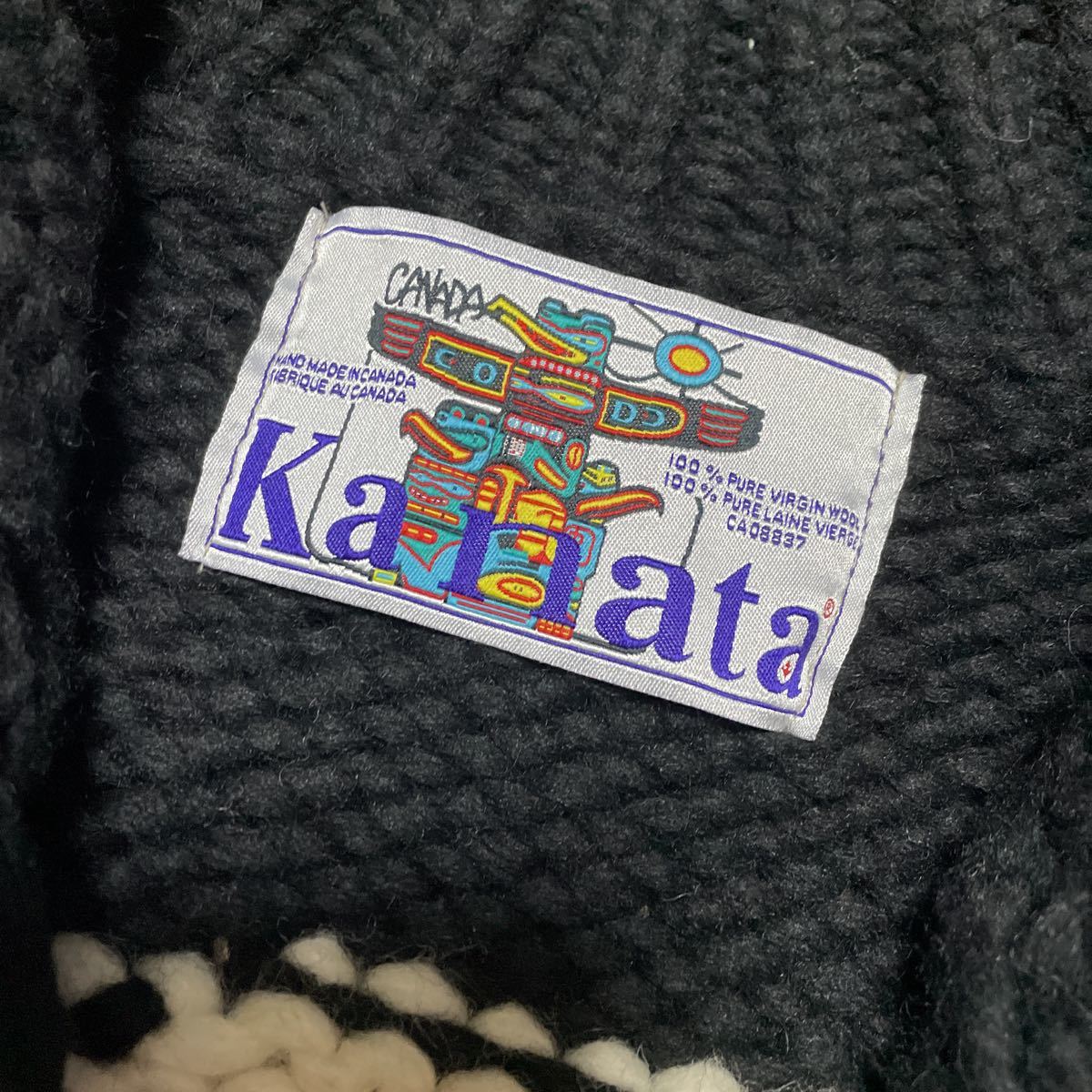 スカル柄 Kanata カナダ製カウチンセーターメンズカナタ黒ブラック