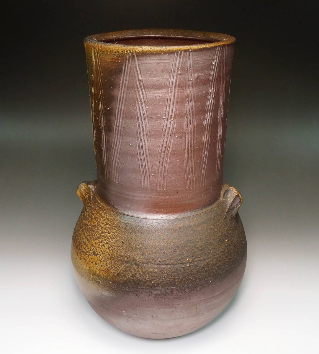 真作保証 人間国宝 藤原雄 備前擂座線文花器 共箱 33cm越えの大作 師