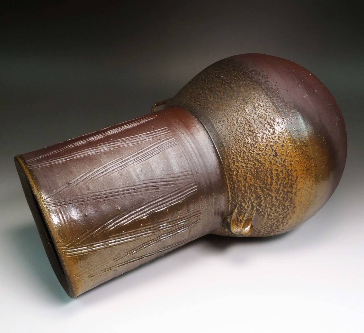 真作保証 人間国宝 藤原雄 備前擂座線文花器 共箱 33cm越えの大作 師