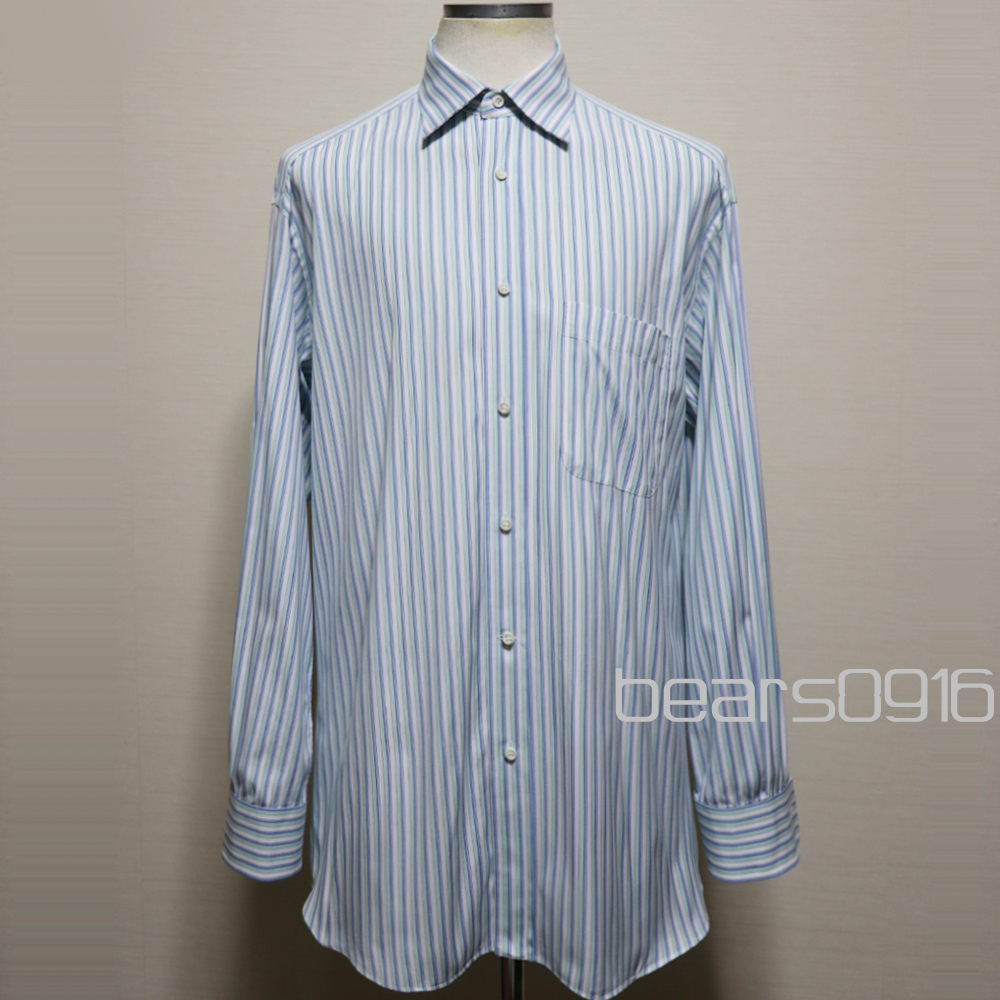 アメリカ購入品 極美品 Ermenegildo Zegna エルメネジルド ゼニアワイドカラードレスシャツ 白×SAX×ミント 41/16