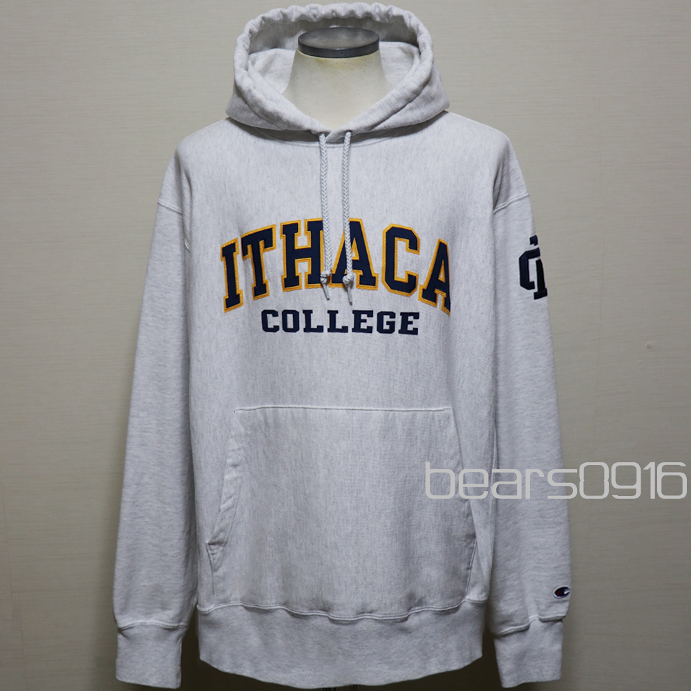 アメリカ購入 USED品 CHAMPION チャンピオン リバースウィーブ ITHACA COLLEGE ワッペン パーカー フーディー 杢グレー L_画像1