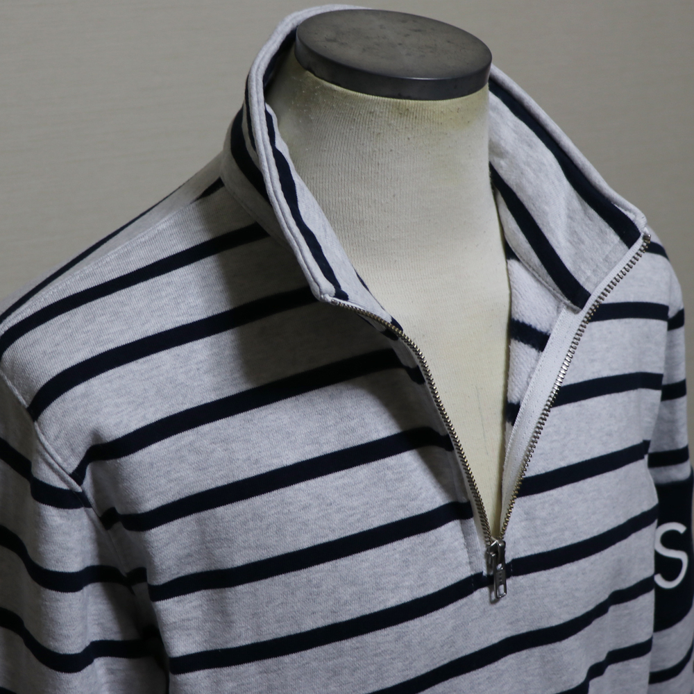 極美品 Supreme 2016AW Striped Half Zip Sweat シュプリーム ストライプハーフジップスウェットシャツボーダートレーナー 袖ロゴ 灰×紺 S_画像6