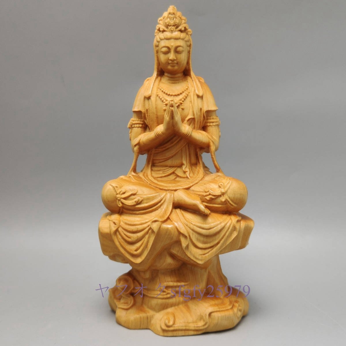 P990新品仏教工芸品 木彫仏像 自在観音菩薩座像 合掌_画像2