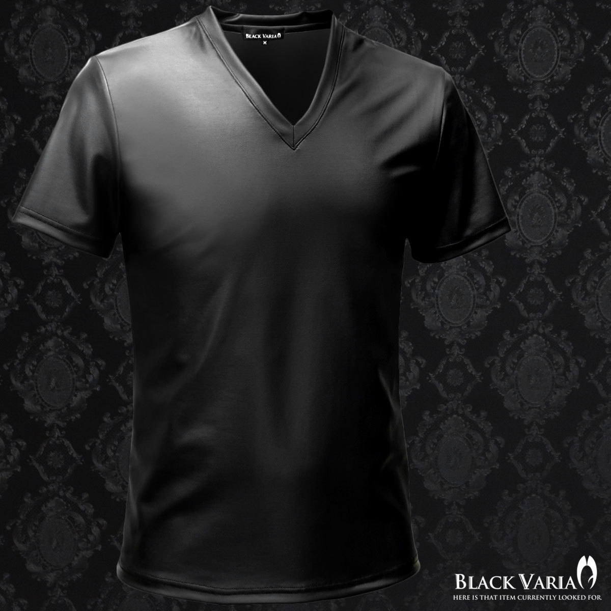9#193201a-1bk BLACK VARIA 光沢 ストレッチ スリム 半袖 Vネック Tシャツ メンズ 日本製 無地 (マットブラック黒) L シンプル インナー_画像2