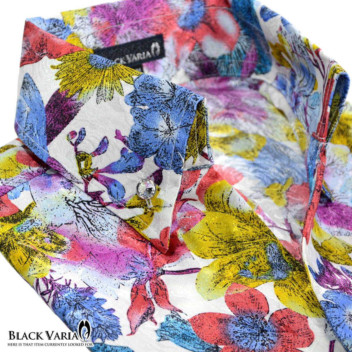 6#935171-wh BLACK VARIA マルチ花柄 スキッパードレスシャツ サテンジャガード スリム メンズ(ホワイト白×ブルー青レッド赤) M 日本製