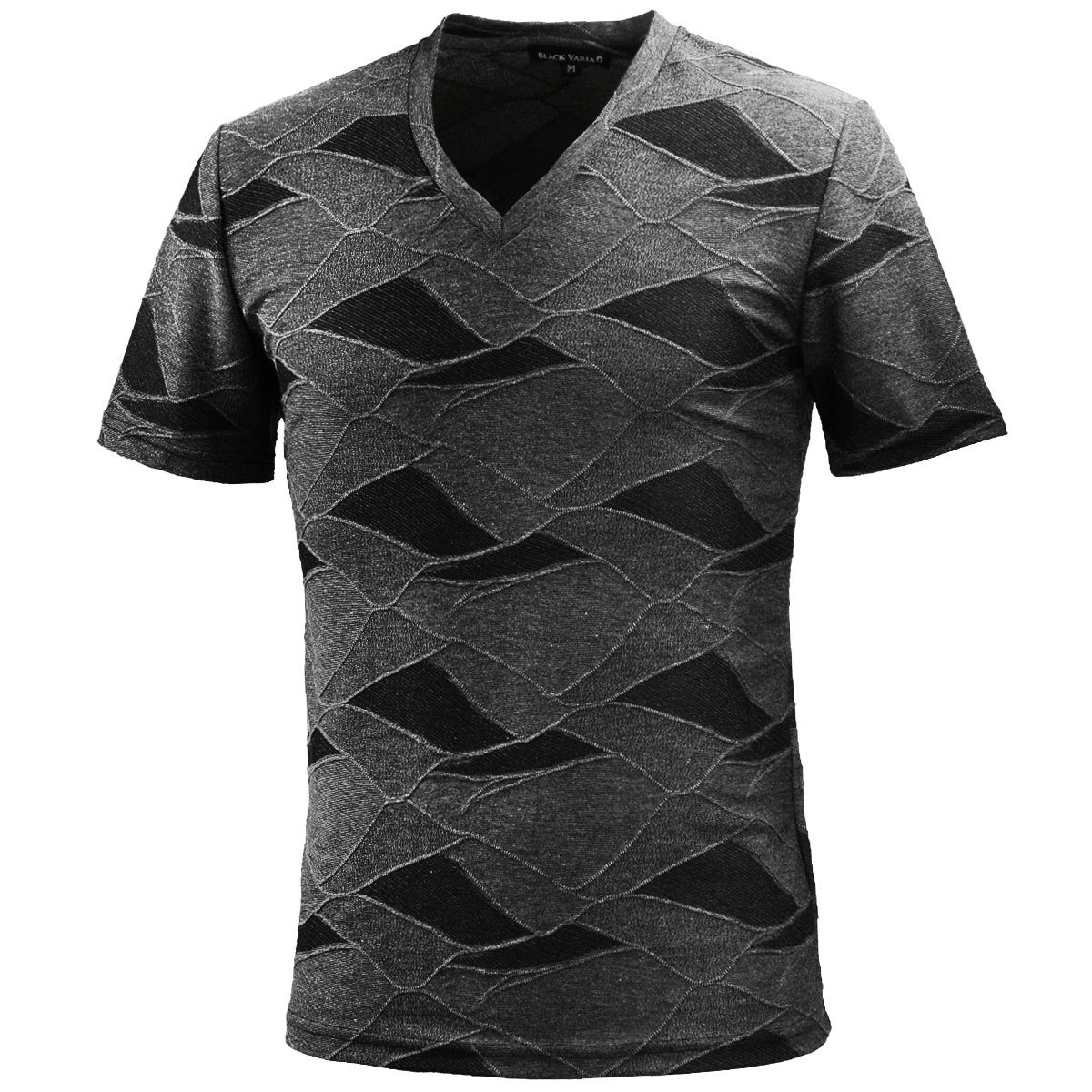 9#181303-gy BLACK VARIA 幾何学 パッチワーク柄 ジャガード立体 半袖VネックTシャツ メンズ(グレー灰ブラック黒) 3L モードカジュアル_画像1