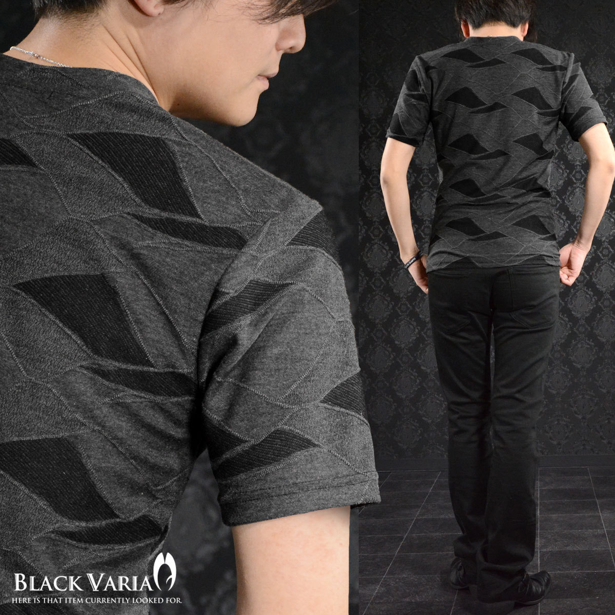 9#181303-gy BLACK VARIA 幾何学 パッチワーク柄 ジャガード立体 半袖VネックTシャツ メンズ(グレー灰ブラック黒) 3L モードカジュアル_画像4