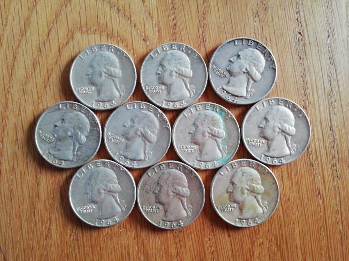 アメリカ ワシントンコイン 1964年 銀貨 10枚① 25セント クォーター 