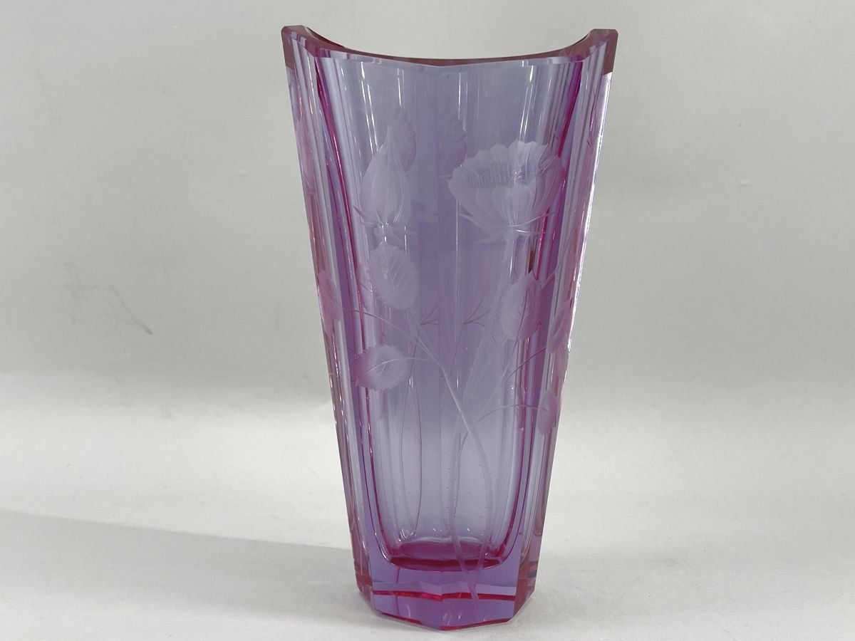 Moser モーゼル ガラス花瓶 20cm フラワーモチーフ 多角形 紫[03-0799