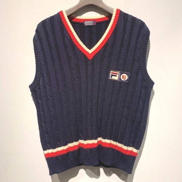 70s Italy made FILA BJORN BORG filler biyomborugCable Knit Vest cable knitted the best 50 size navy blue navy old clothes Vintage 