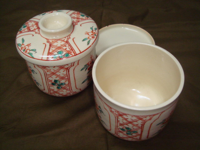 蓋物（茶碗蒸器）　薩摩焼　白薩摩赤絵蓋物二個組　柳　紫陶 91_画像4