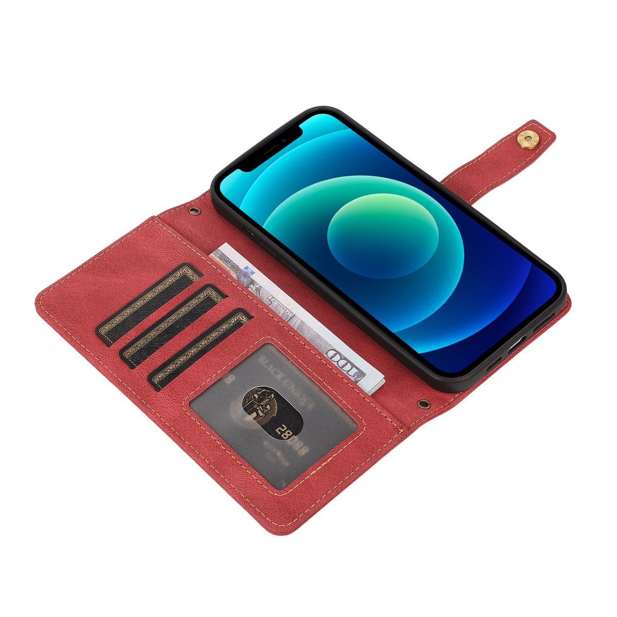 iPhone 14 pro ショルダーケース アイフォン14 プロ　レザーケース iPhone14 pro カバー　手帳型 カード収納　ストラップ付き　red