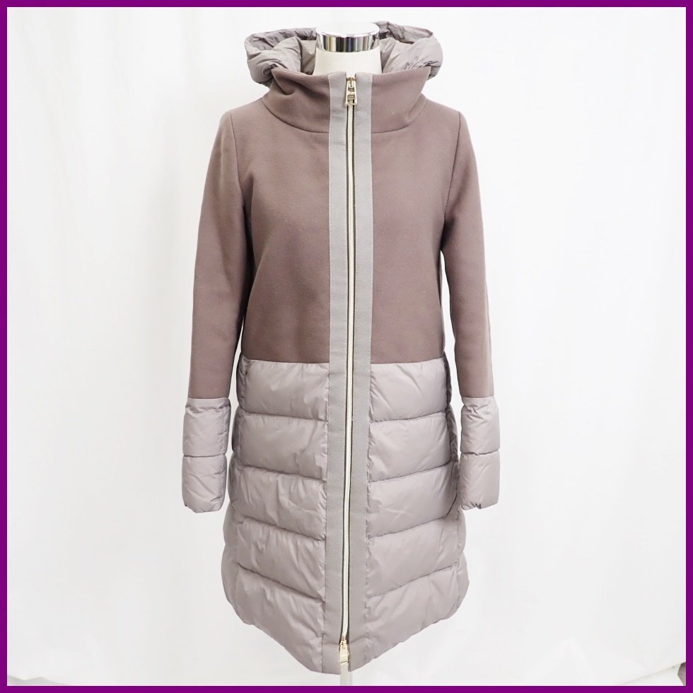 ○美品 HERNO/ヘルノ ウール切替 グースダウンコート 44/レディースM