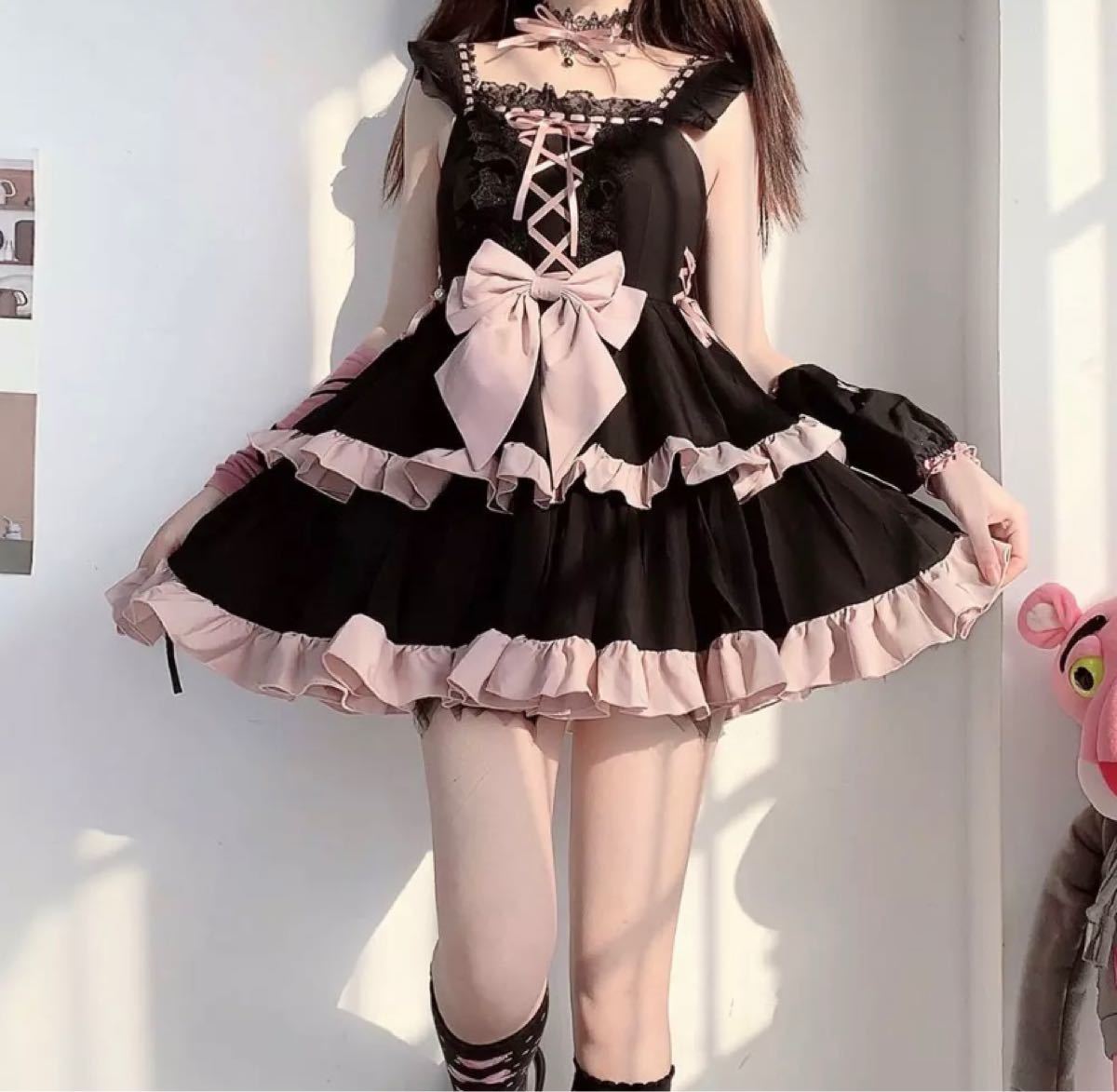 現物写真ありゆめかわ ロリータ 地雷 アイドル衣装 メイド服 ピンク 黒