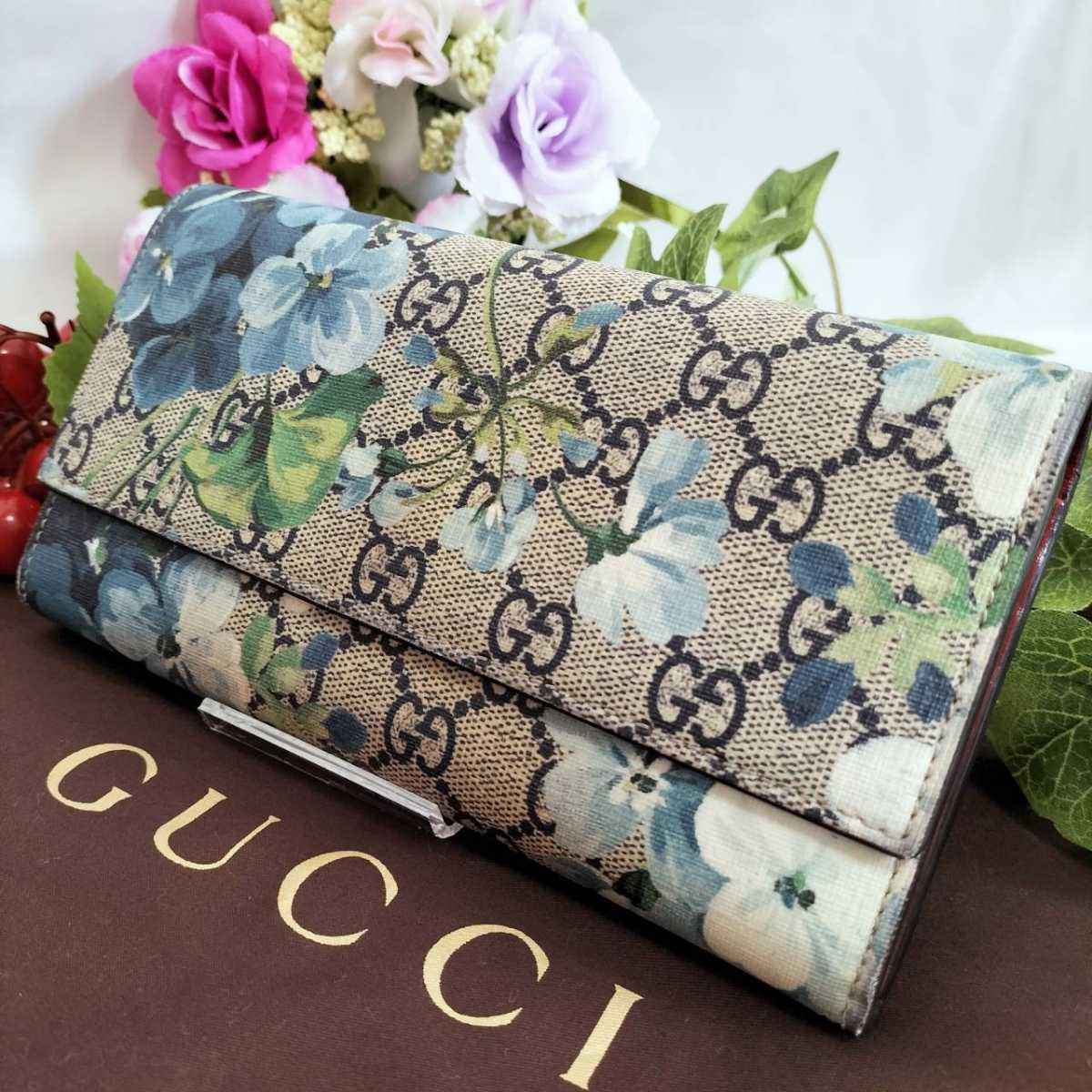 美品✨ GUCCI 折り財布 GGブルームス スプリーム 花柄 ブルー PVC