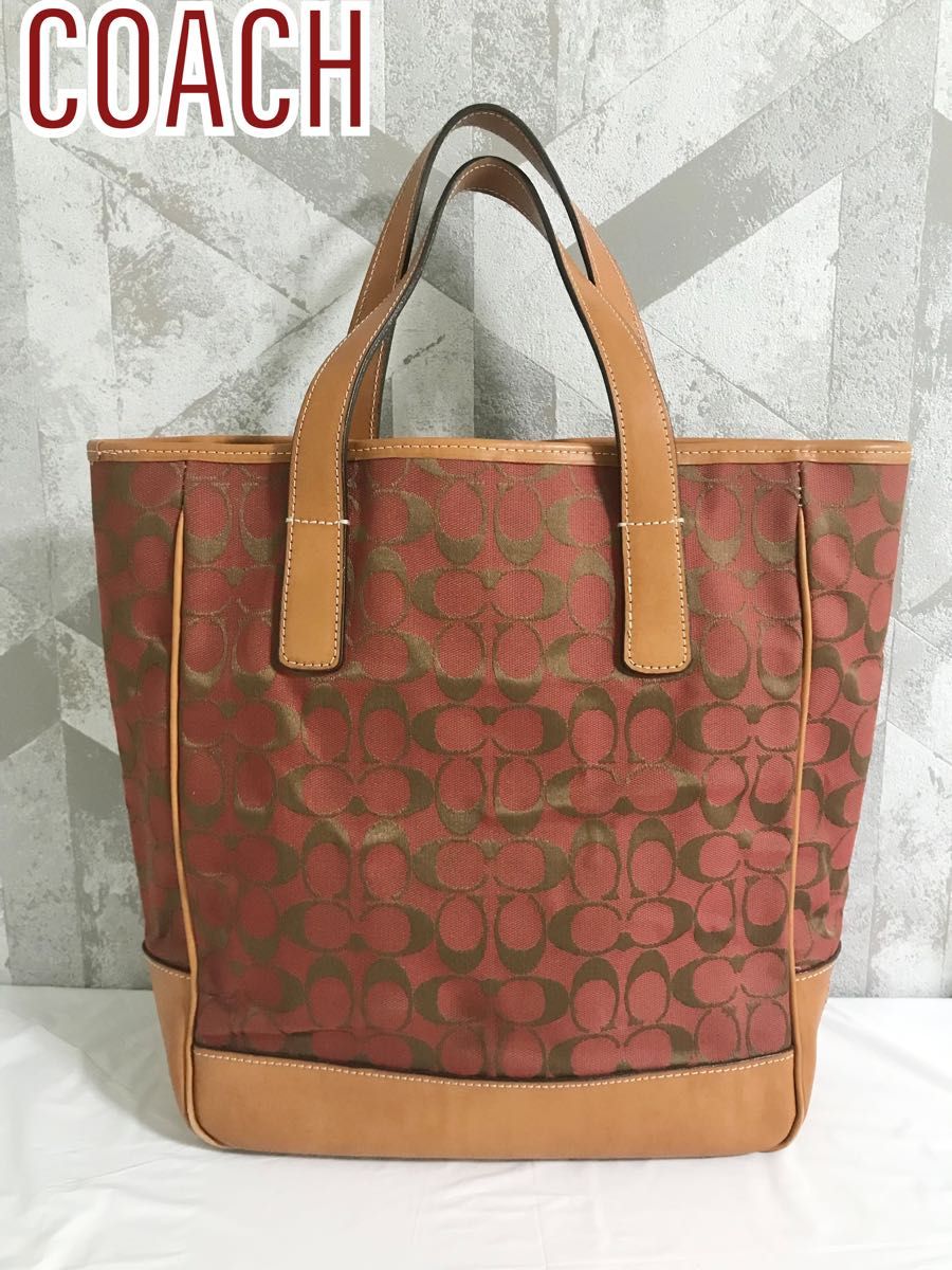 【美品】COACH コーチ 6093 シグネチャー ハンドバッグ トートバッグ レッド キャンバス レザー