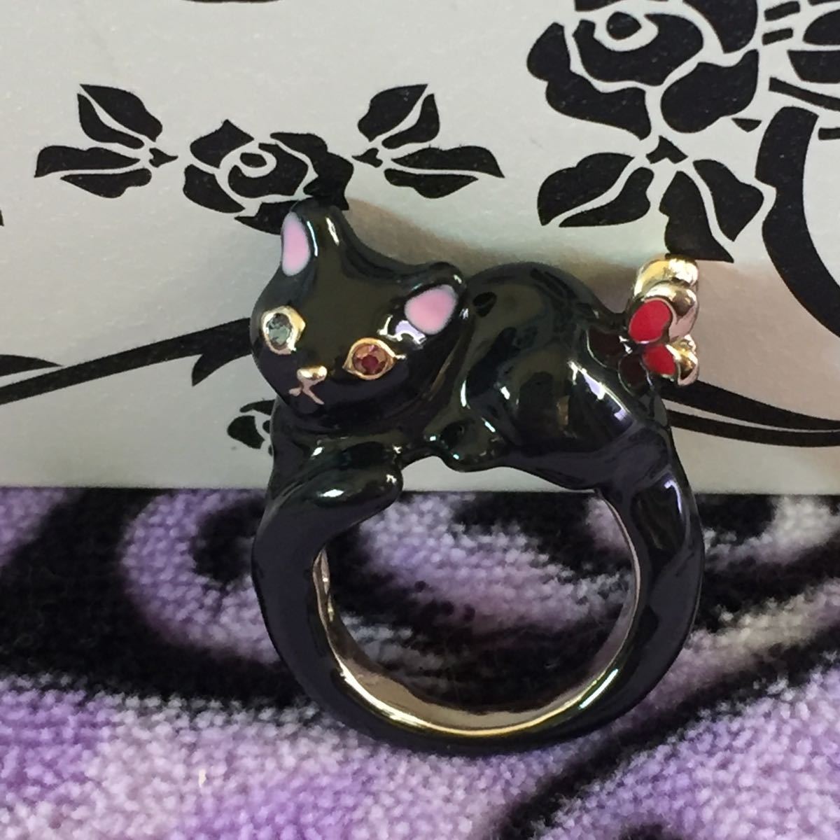  rare * Anna Sui black cat Chan ring ring cat butterfly .L L size 15 number 