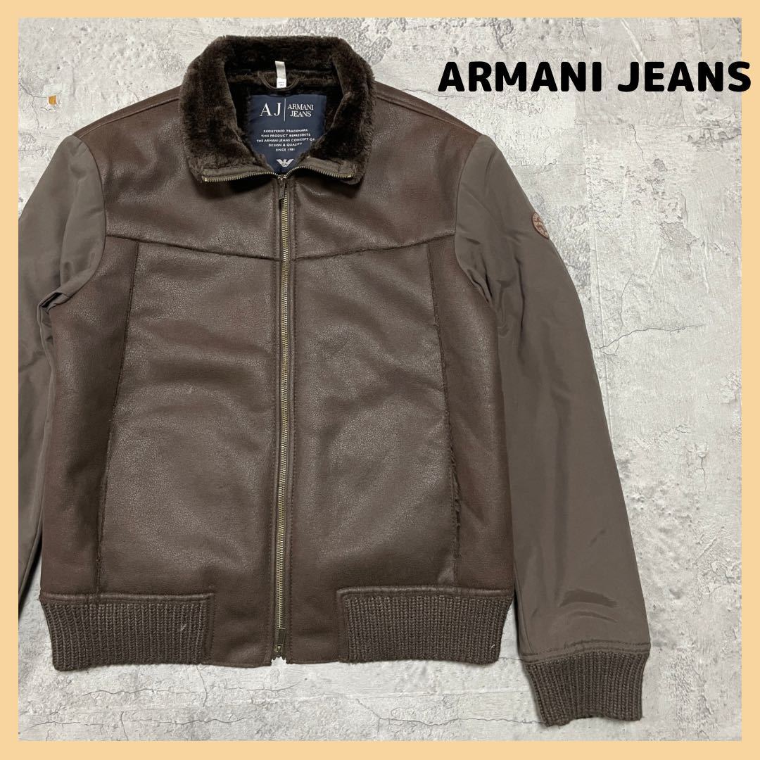 ARMANI JEANS アルマーニジーンズ ムートンジャケットブルゾン USA企画 ジャンパー 袖ワッペン サイズL 玉FL2035a ミリタリー _画像1
