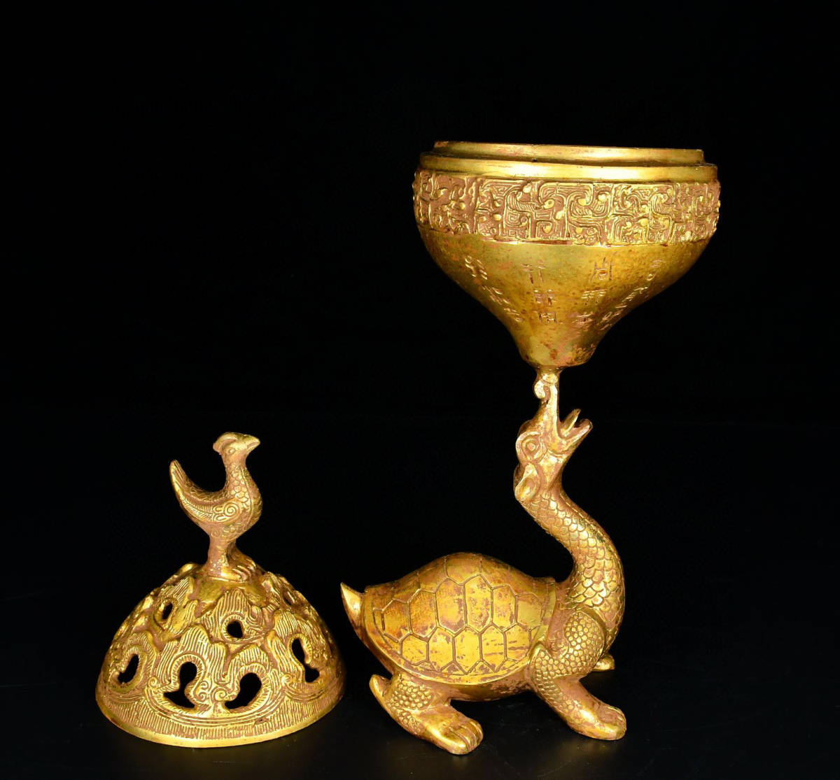 戦 青銅製 塗金龜頂立鳥熏香炉 古美術品 古賞物 置物 稀少珍蔵品112036 ...