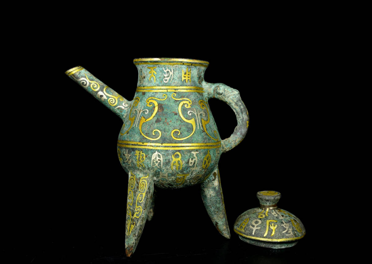 旧蔵 珍品 高古玉 菊花紋彫刻 茶碗 時代物 アンティーク 文房具 収蔵品 超珍館蔵】戦 青銅製 錯金錯銀禾壺 置物 古賞