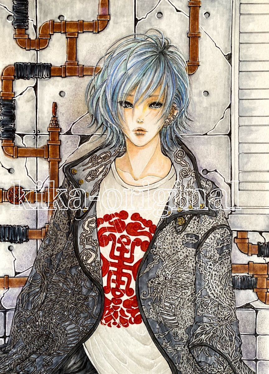 ヤフオク! - kika手描きイラスト「蒼」オリジナル 原画 25×18㎝...