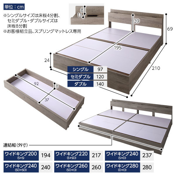 ベッド ワイドキング200(S+S) ポケットコイルマットレス付き グレージュ 収納付き 連結 棚付き 宮付き コンセント付き 木製ds-2423261_画像7