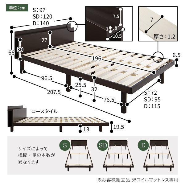 ベッド ナチュラル シングル フレームのみ 棚付き コンセント付き スマホスタンド 頑丈 木製 シンプル モダン ベッド下収納ds-2378778_画像3