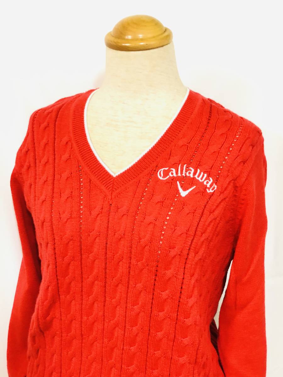 【アウトレット☆送料無料】 Callaway 　(キャロウェイ)　ケーブル編み　ニット　セーター　ODYSSEY刺繍　長そで　Vネック　レッド　レディースL　ゴルフウェア セーター