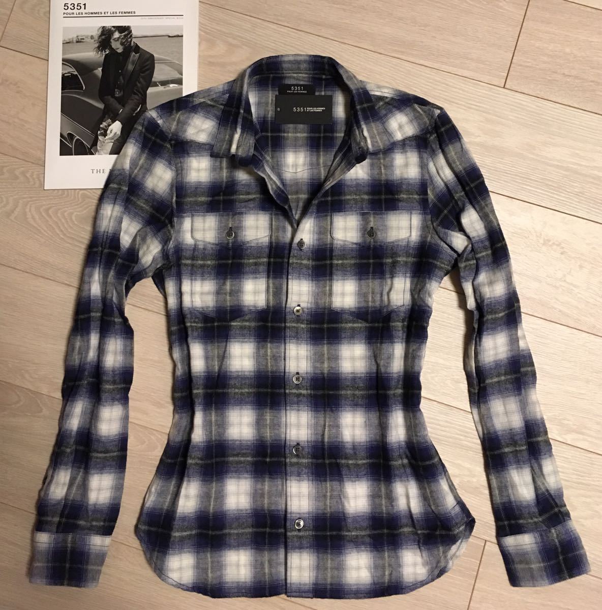 本物の 5351プールオム最高級ブラストチェックシャツネイビー極美品 LAURENT SAINT wjk SHELLAC Hommes les  5351pour トップス