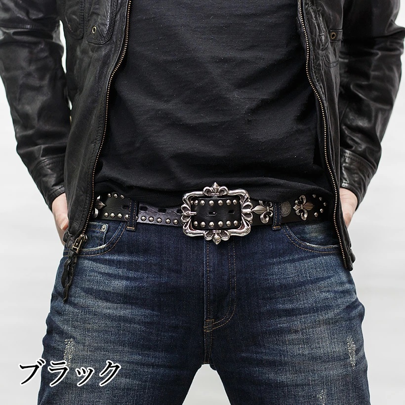 本革 (牛革) メンズ スタッズ ベルト 鋲 Leather belt リリーバックル お兄系 Biker Rock Metal (ブラック) ☆新品・送料無料☆_画像2