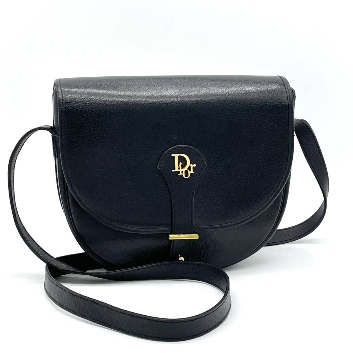 1円 美品 Christian Dior クリスチャンディオール カーフレザー ブラック 黒 ショルダーバッグ 斜めがけ Diorロゴ ゴールド金具
