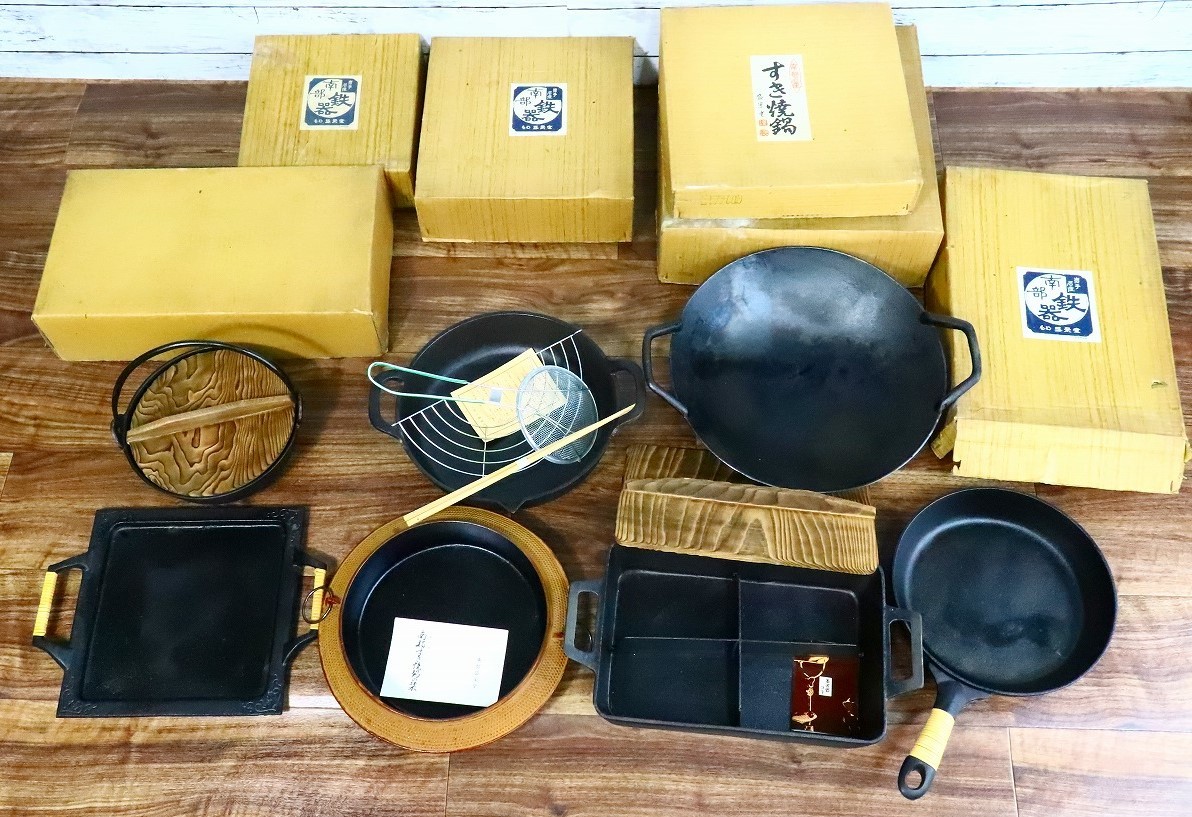 【ト長】南部鉄器 調理器具 7点 まとめ売り 盛栄堂 すき焼き鍋 支那鍋 フライパン 鉄鍋 鉄器 調理器具 IA000IOB15