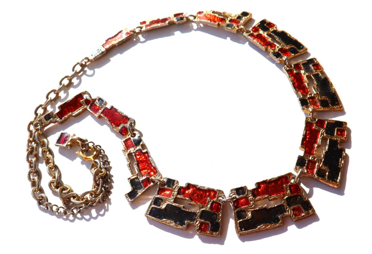 ★70s vintage gold orange black enamel necklace