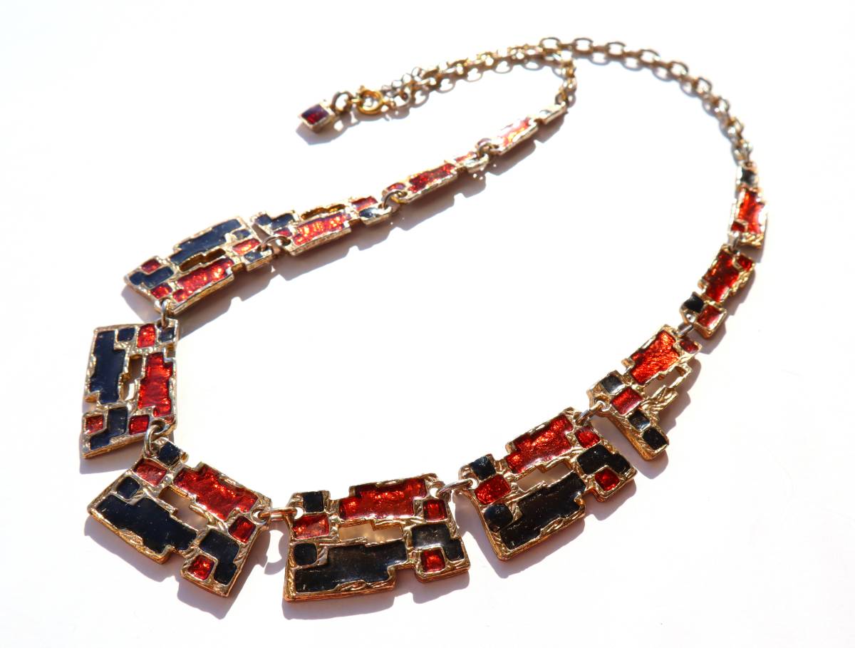 ★70s vintage gold orange black enamel necklace