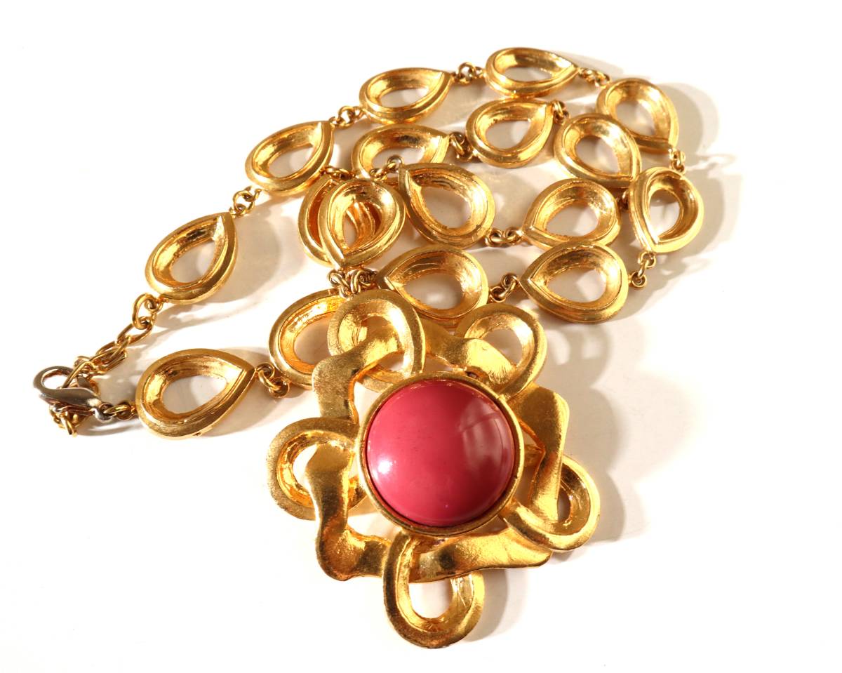 ★「CARITA Paris」80s vintage gold pink flower pendant necklace