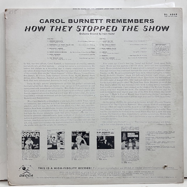 ●即決VOCAL LP Carol Burnett / Remembers How They Stopped The Show dl4049 jv3406 米オリジナル、Dg Stereo キャロル・バーネット _画像4