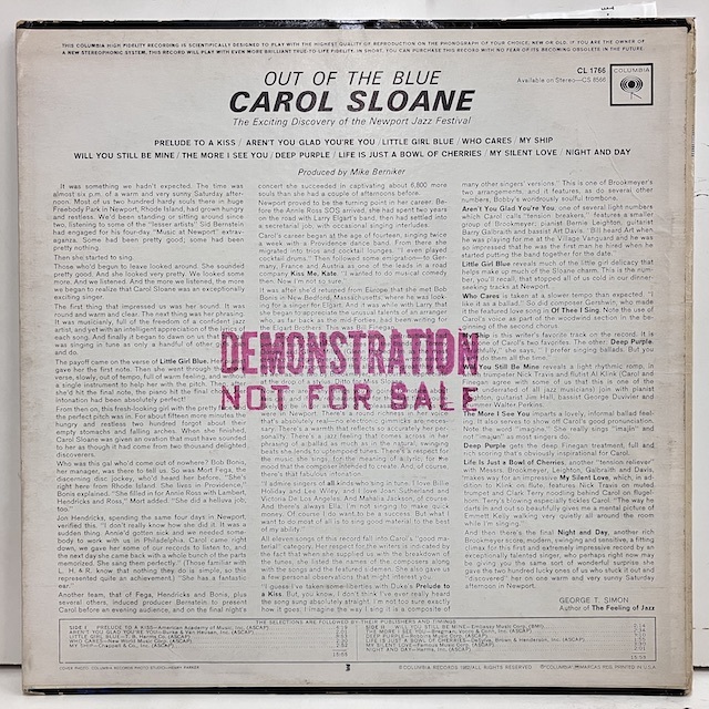 ●即決VOCAL LP Carol Sloane / Out of the Blue jv3450 米盤、ミゾナシ6eye Cbs表記 Mono キャロル・スローン _画像4