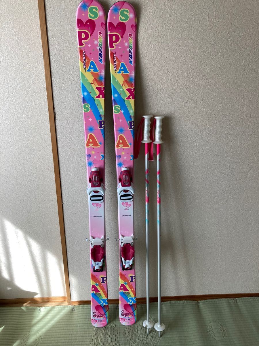 新品スキー板ストックビンディングケース3点セットピンク女の子カザマ