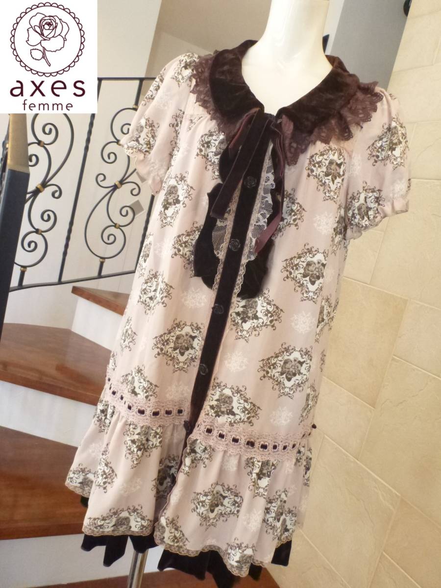 美品 axes femme｜アクシーズファム ★ 茶ベロア×ピンク　半袖　ワンピース　M_画像1