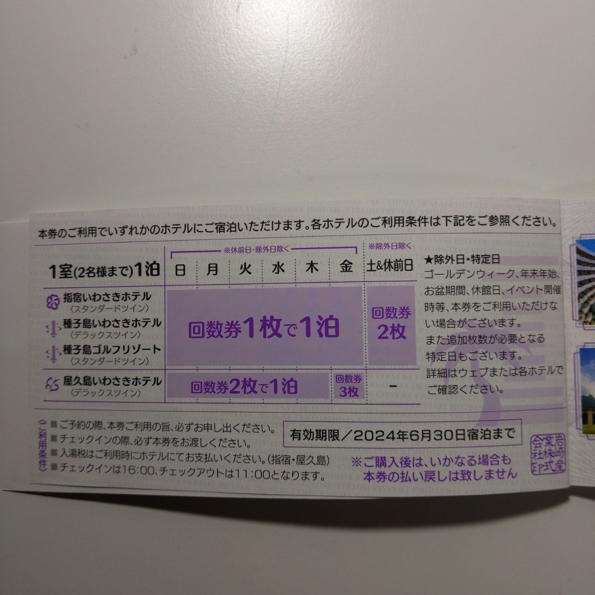 いわさきホテルズ共通宿泊回数券 2枚 鹿児島ホテル 宿泊 有効期限2024年6月30日 宿泊券