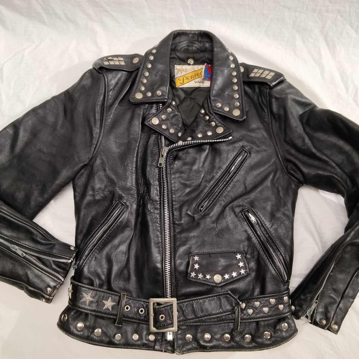 schott ショット 618 ダブル ライダース スタッズ 36 Double black leather Jacket アメリカ製　ハート　ブラック　レザー　ジャケット 革