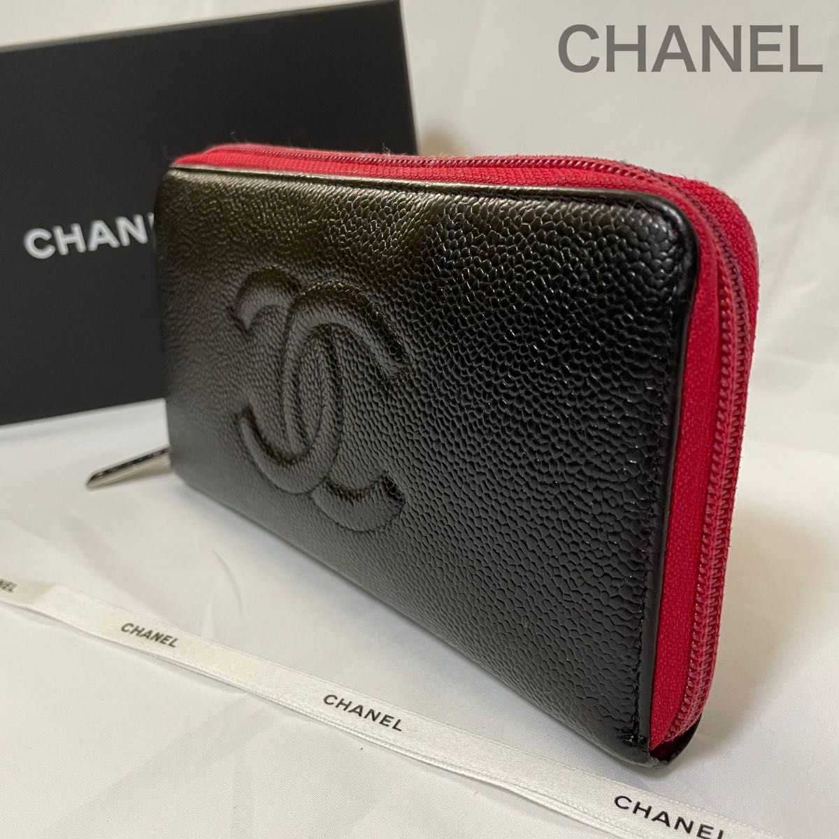 CHANEL シャネル デカココ キャビアスキン 長財布 黒赤 レディース