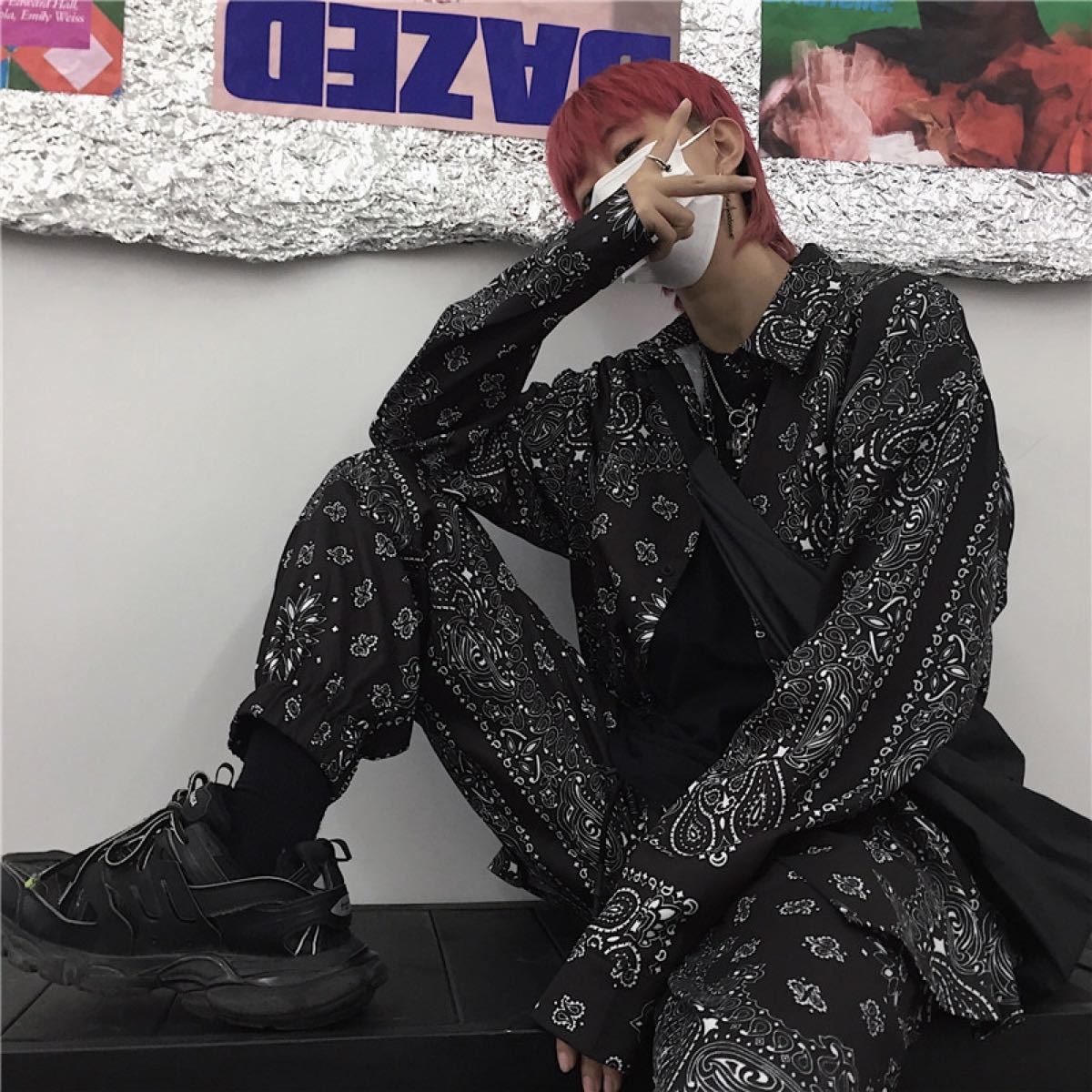 セットアップ ペイズリー柄 韓国 シャツ パンツ メンズ ストリート 男女兼用 上下セット オーバーサイズ ブラック レディース