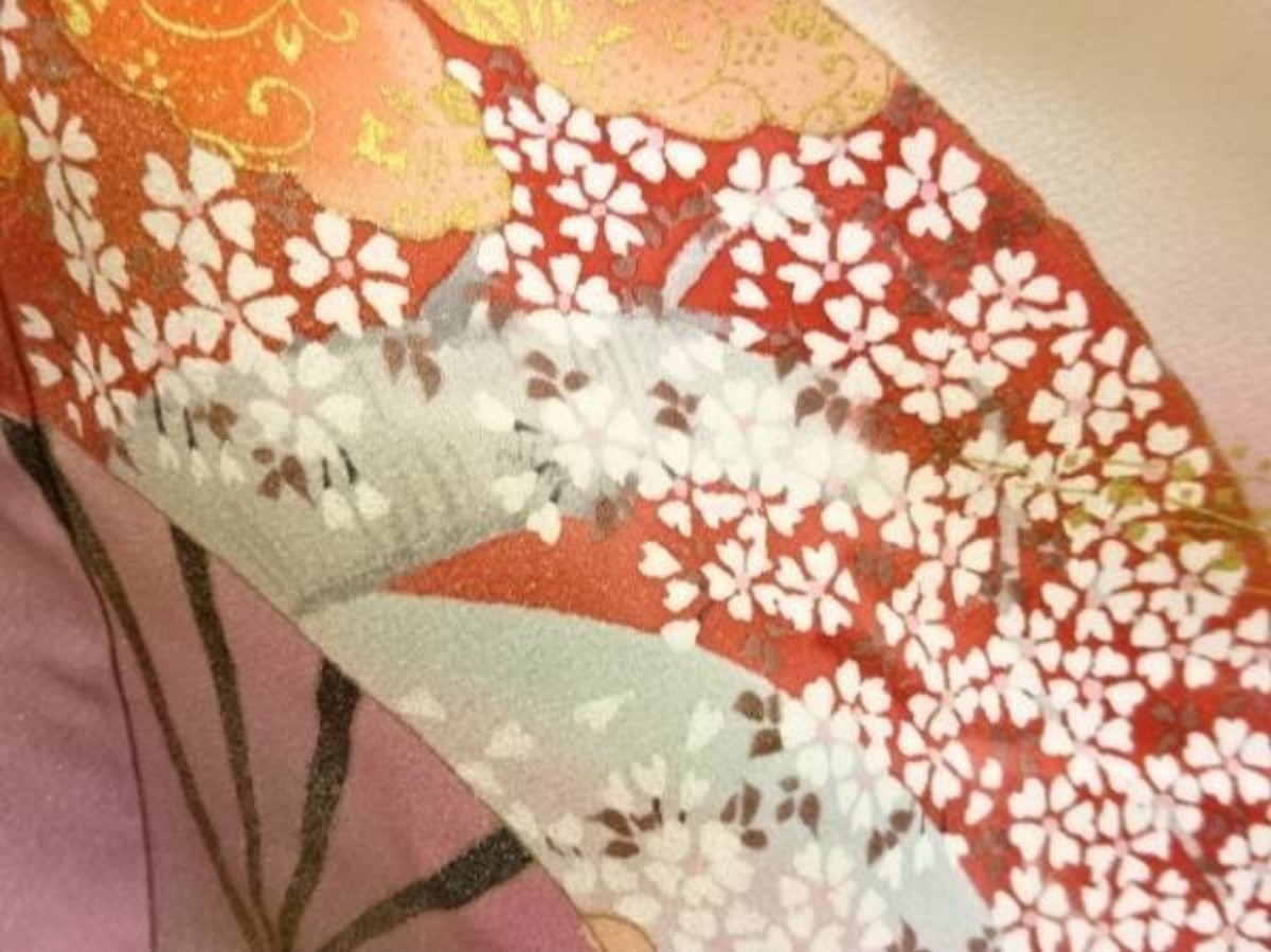 正絹　銀彩扇に菊桜模様　訪問着　身丈164　裄65
