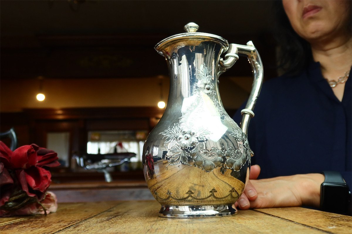 優美英国骨董イギリス1880年頃 SILVER 純銀P. EPBM アールヌーボー アンティーク シルバー ワインジャグ ティーポット 花瓶 水挿しにも_画像10