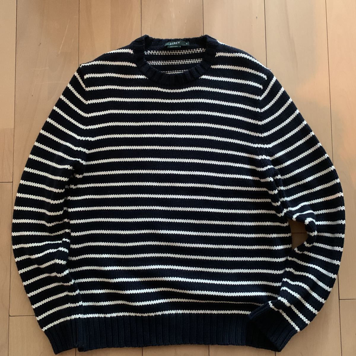 00s【J.CREW】Jクルー ボーダー クルーネック コットン ニットセーター 紺×白 旧タグ オールド レナウン扱い ローゲージ RRL好きにも！_画像1