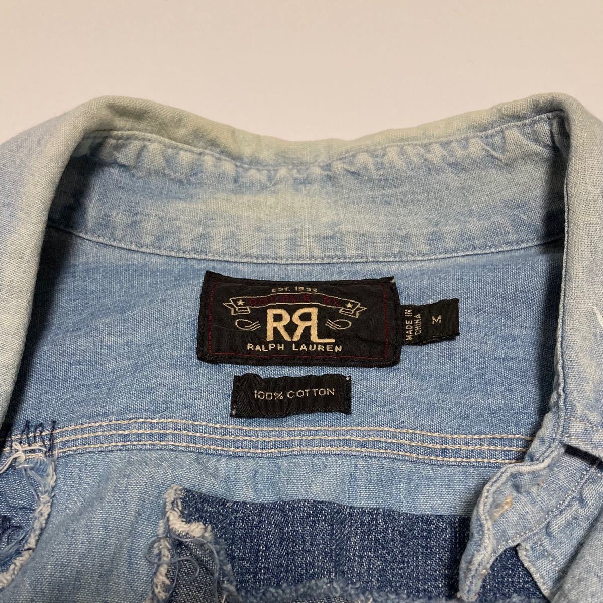 RRL デニムシャツ ダブルアールエル リペア加工 ステンシル サンダーバード ダーニング ヴィンテージ加工 BORO ラルフ