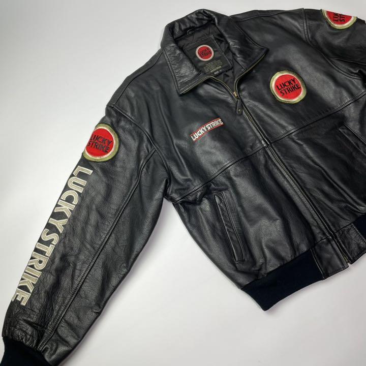 柔らかな質感の 【希少】LUCKY STRIKE レザージャケット 黒 L フルデコ