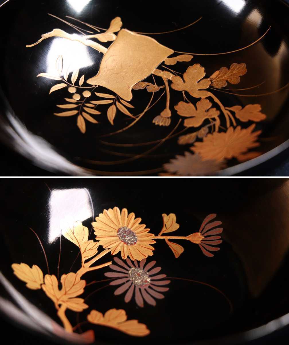 CBK71 時代木製漆器輪島塗 黒塗草花文様本金蒔絵椀 三客 銀蒔絵 黒漆