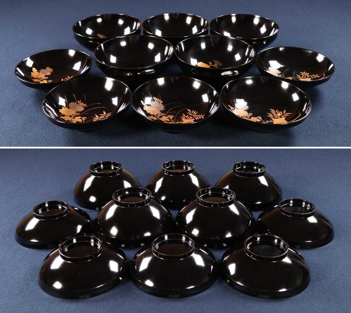 休日 BA228 時代輪島塗 草花金蒔絵 吸物椀 五客 梨地細密 ...